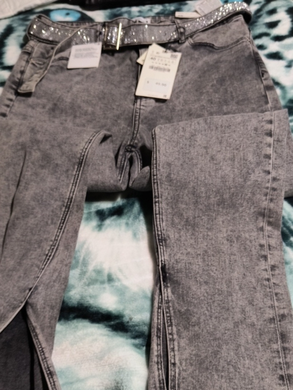 Zara Gray Acid-Wash Skinny Jeans with Rhinestone Belt